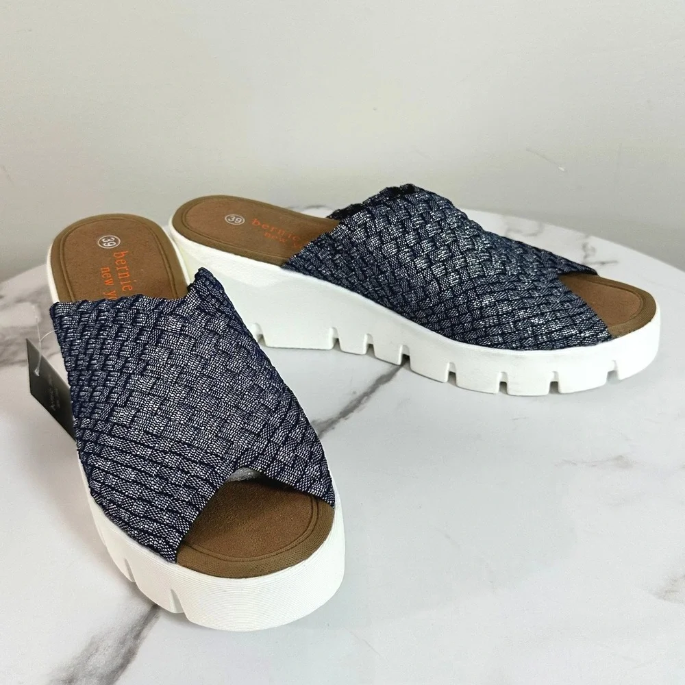 Bernie Mev New York Womens Metalic Navy Woven Platform Wedge Sandals SZ 39 NEW